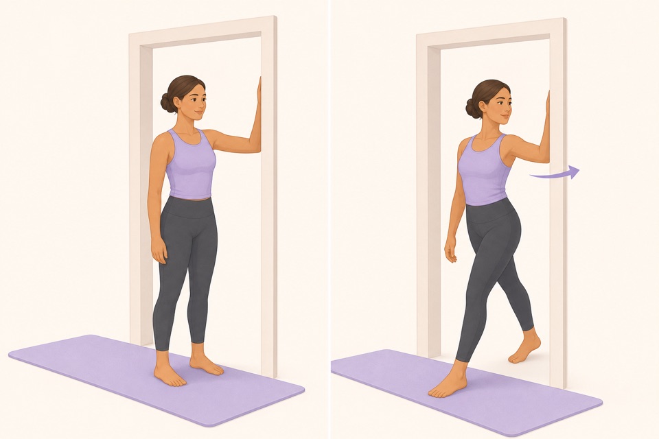 Wiggle exercise illustration showing a doorway chest stretch.
