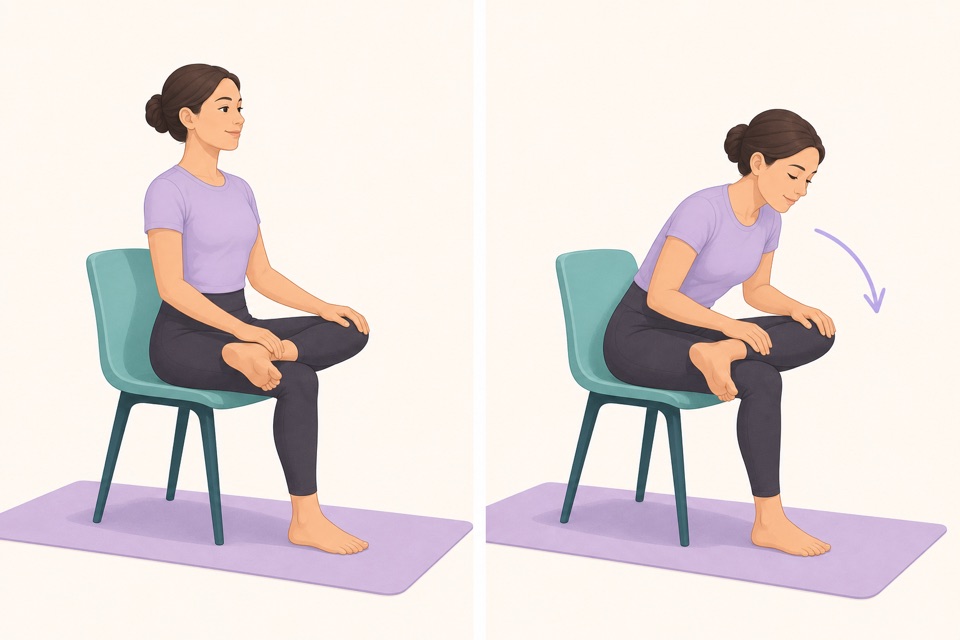 Wiggle exercise illustration showing a seated figure-four stretch.