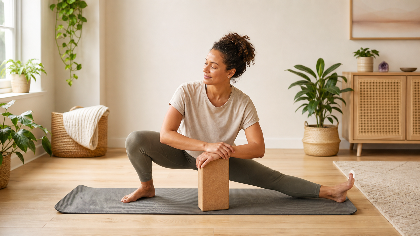 Person doing a supported side lunge adductor stretch on a yoga mat.