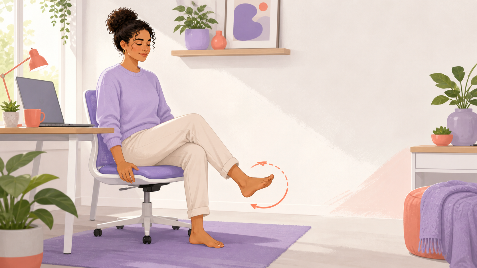 Illustration of a desk worker doing gentle ankle circles beside a laptop.