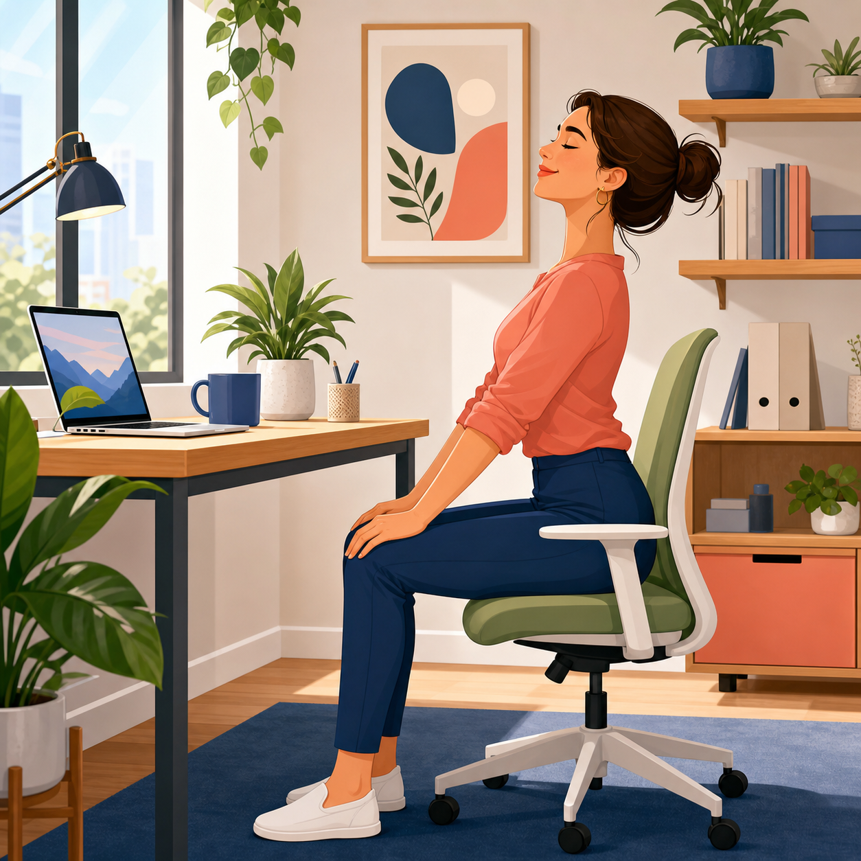 Illustration of an office worker doing gentle chair yoga at a desk.