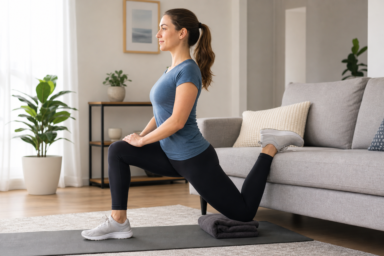 Beginner couch stretch setup near a sofa with a cushioned knee and upright torso.