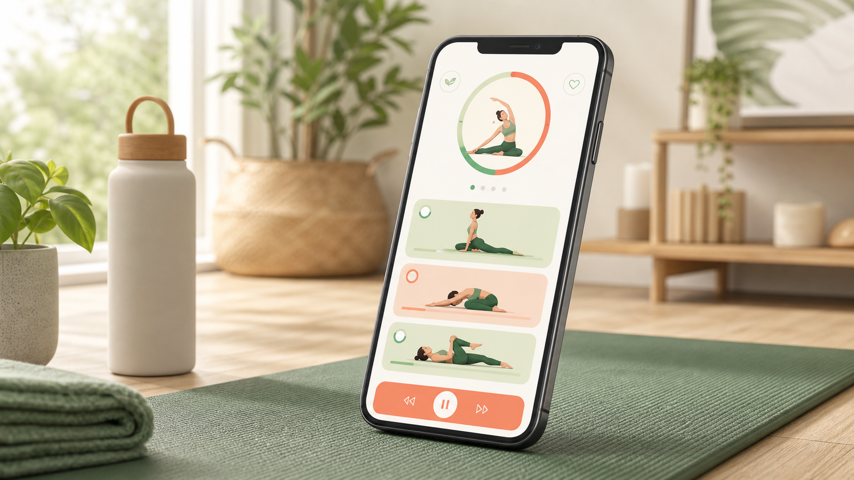 Smartphone on a yoga mat showing a calm guided stretching routine.