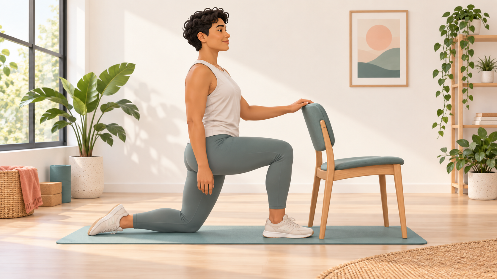 Person performing a supported half-kneeling hip extension stretch beside a chair.