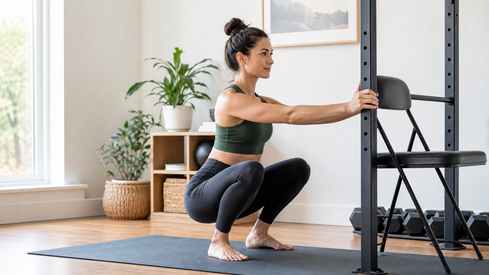 Person practicing supported hip mobility for squats on a mat in a calm home gym.