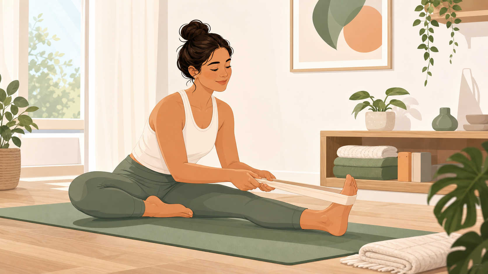 Person doing a gentle supported knee stretch on a mat.