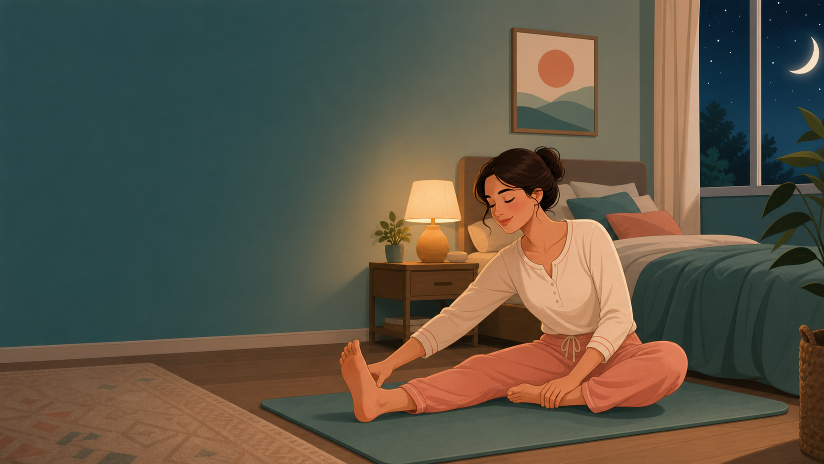 Person doing a gentle leg stretch beside a bed at night.