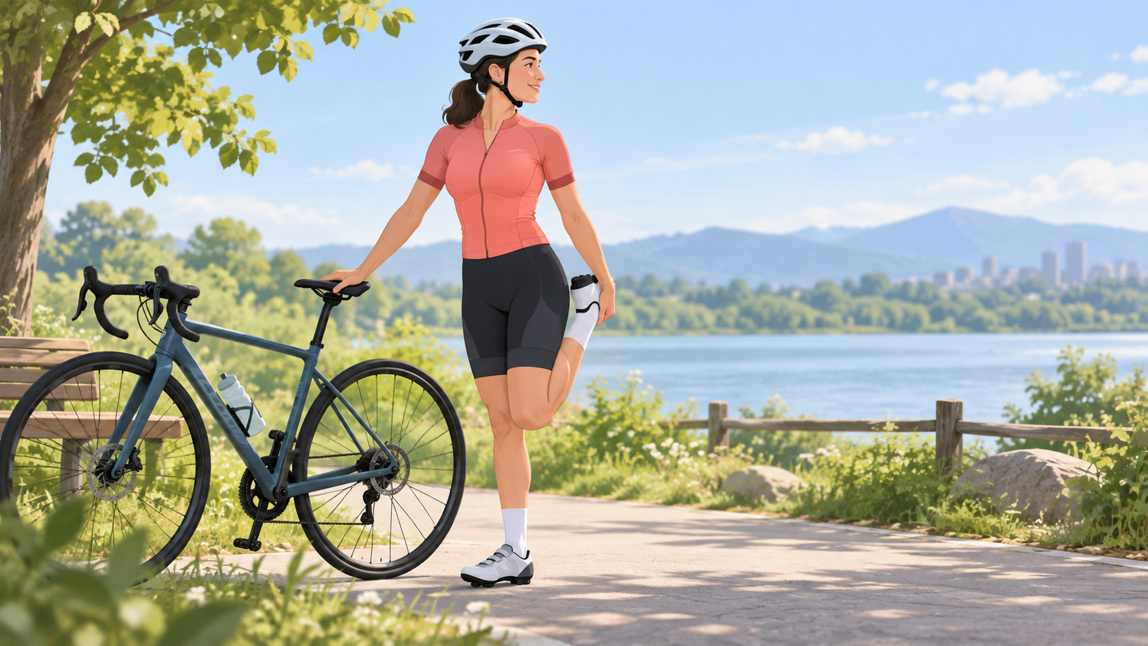 Cyclist using a bicycle for light support during a gentle post-ride hip flexor stretch.