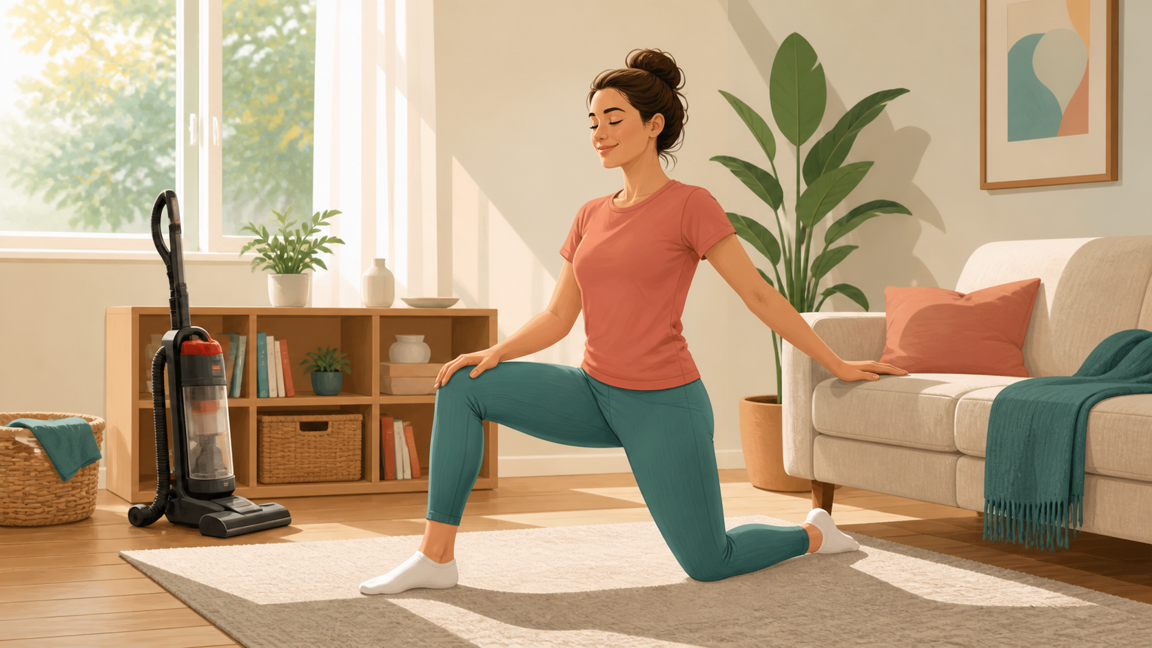 Person doing a supported hip flexor stretch after vacuuming.