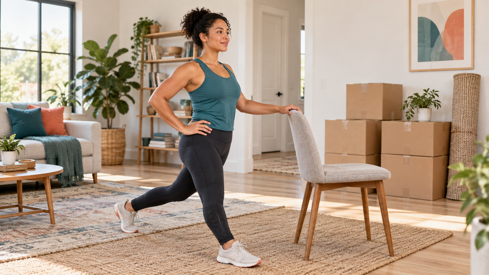Person doing a supported hip flexor stretch near safely stacked moving boxes.
