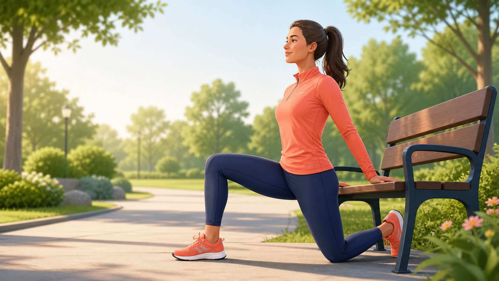 Runner using a park bench for a gentle supported cooldown after running.