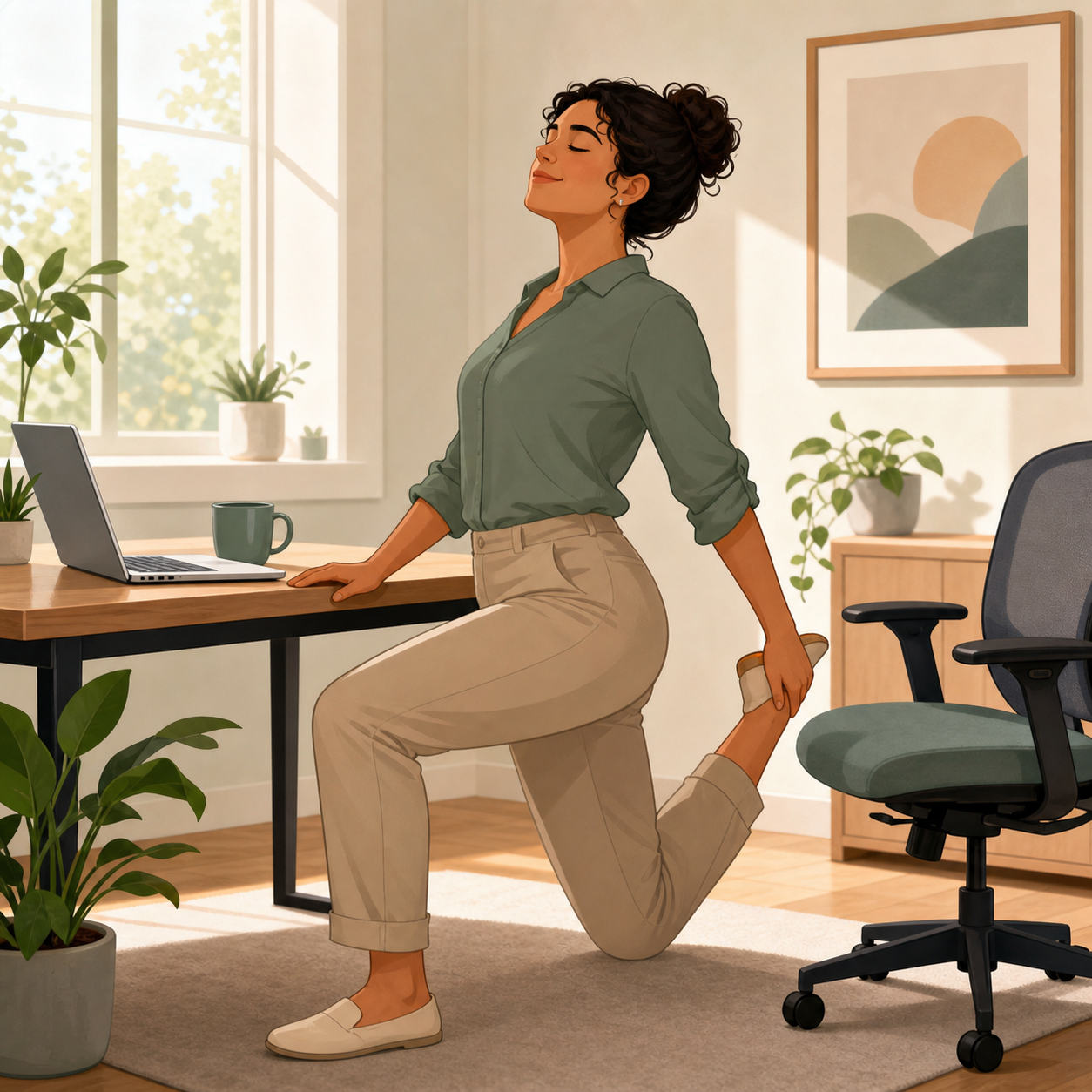 Person doing a gentle lower back and hip reset beside a desk after sitting.