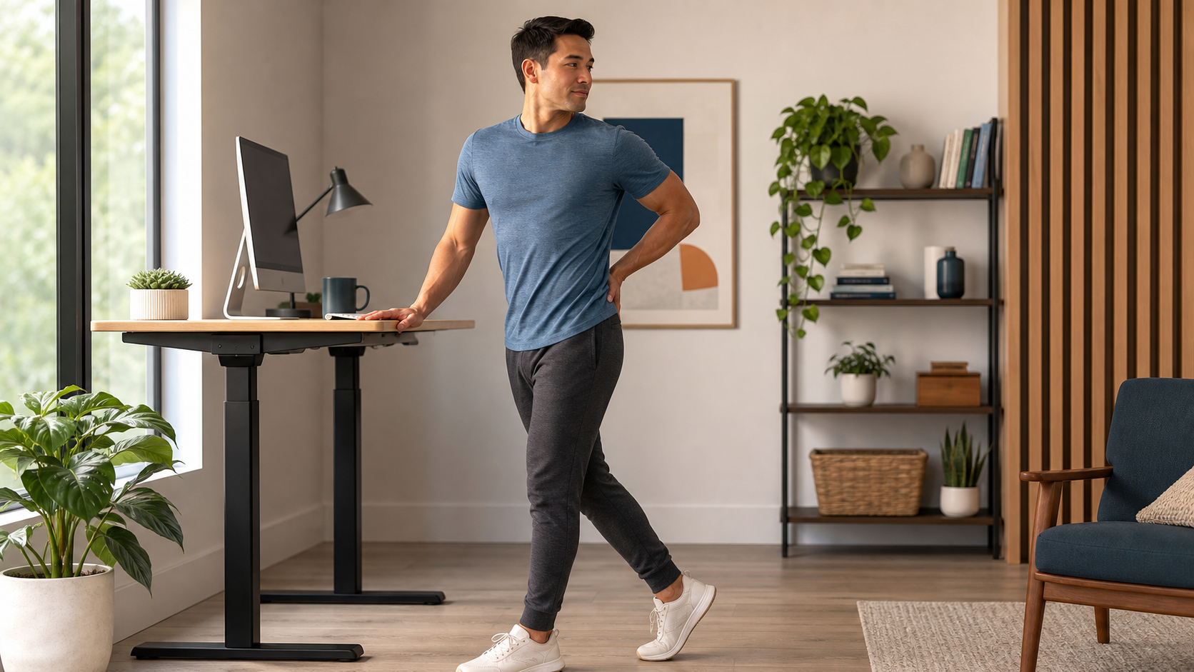 Person doing a gentle supported lower back and hip stretch after standing all day.