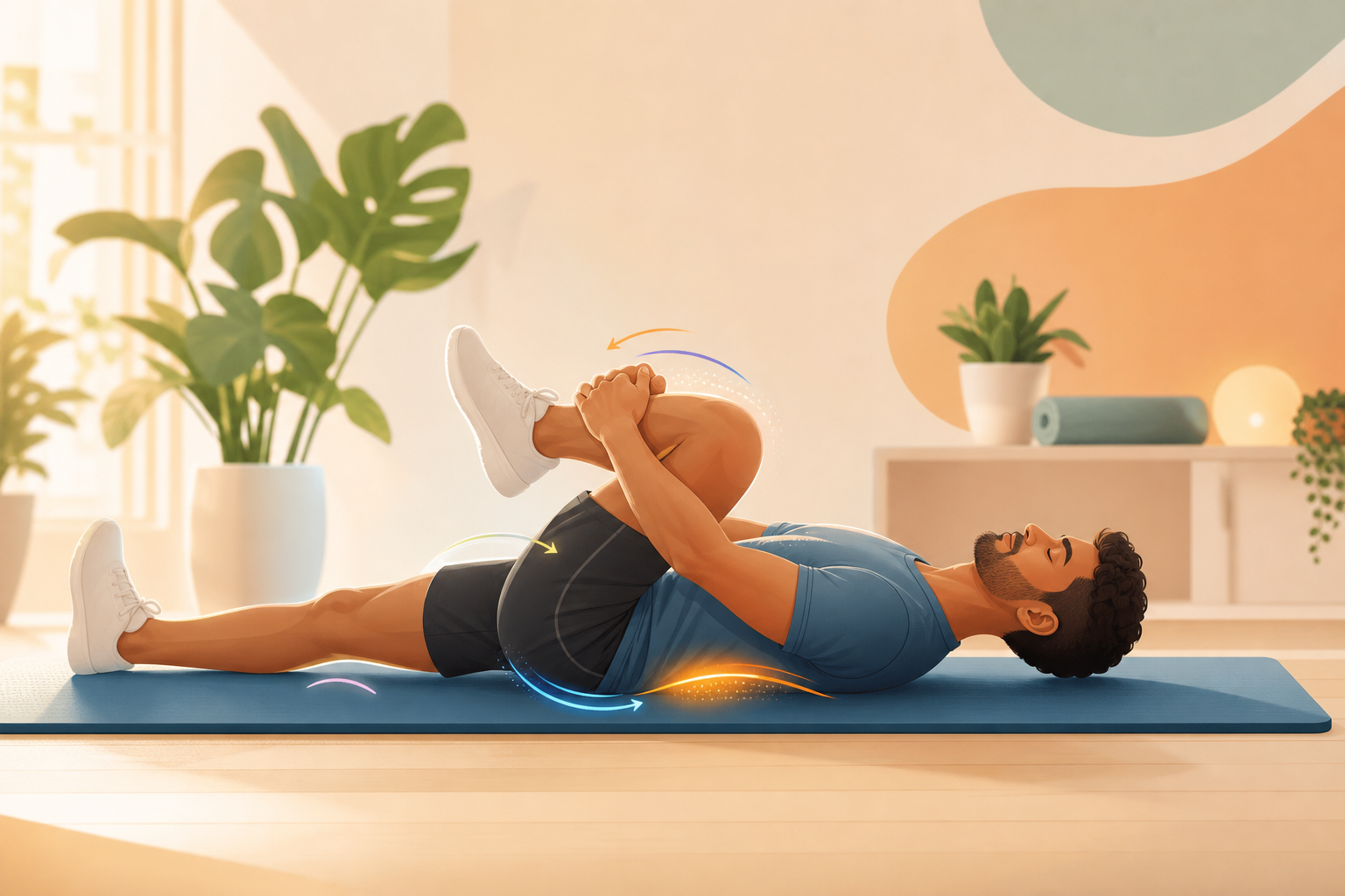 Person doing a gentle knees-to-chest lower-back stretch on a mat after a workout.
