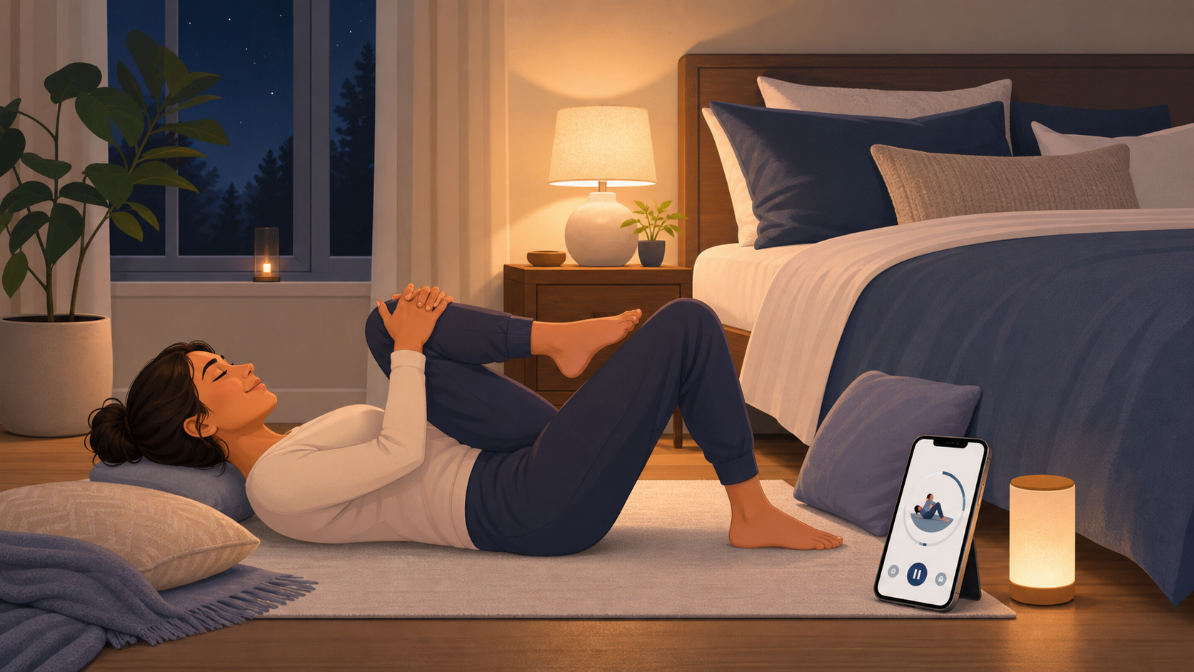 Person doing gentle lower back stretches before bed beside a guided stretch timer.