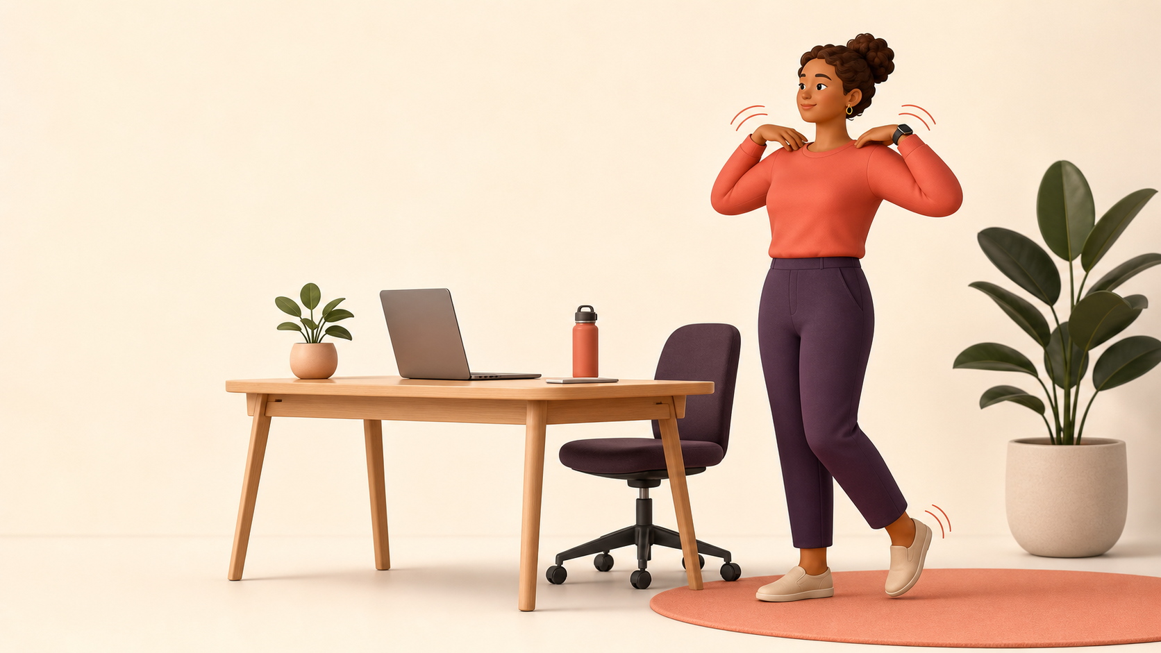Office worker taking a gentle movement break beside a desk.