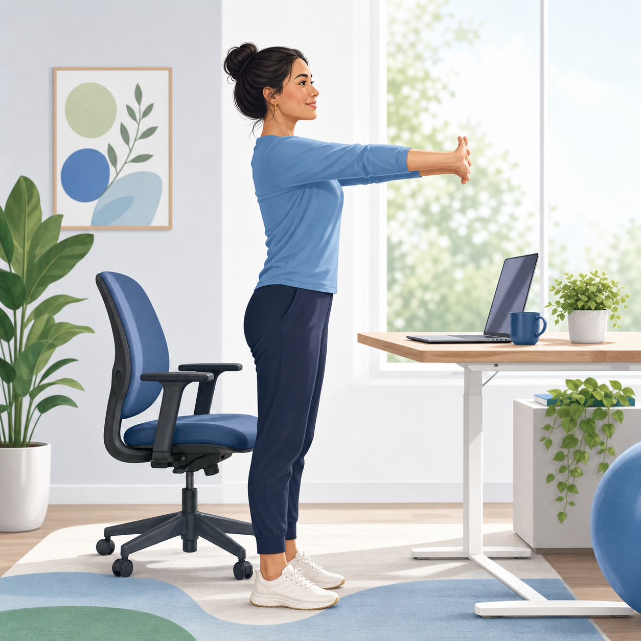 Person doing a gentle mid back stretch beside a desk.