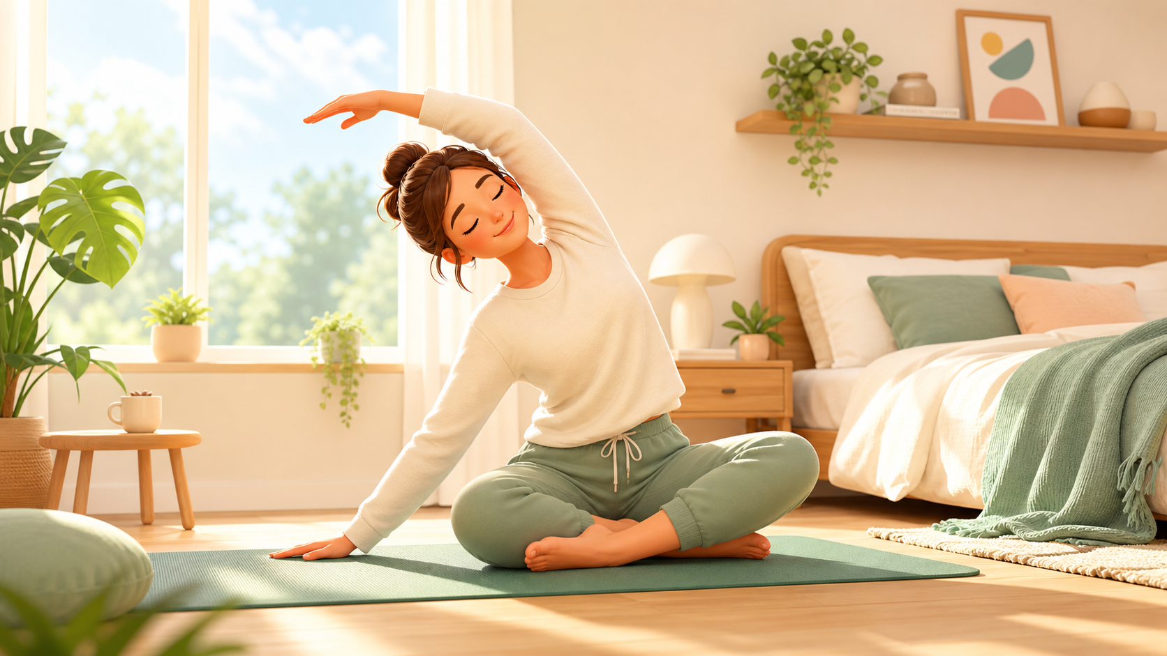 Person doing a gentle morning mobility routine in a calm bedroom.