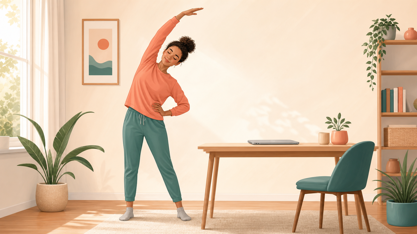 A person doing a gentle standing side stretch beside a desk before work.