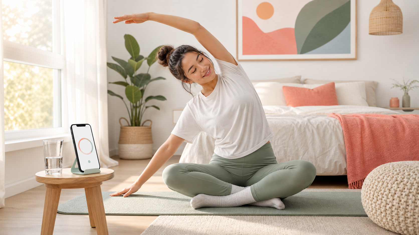 Beginner doing gentle morning stretches beside a bed with a Wiggle stretch timer nearby.