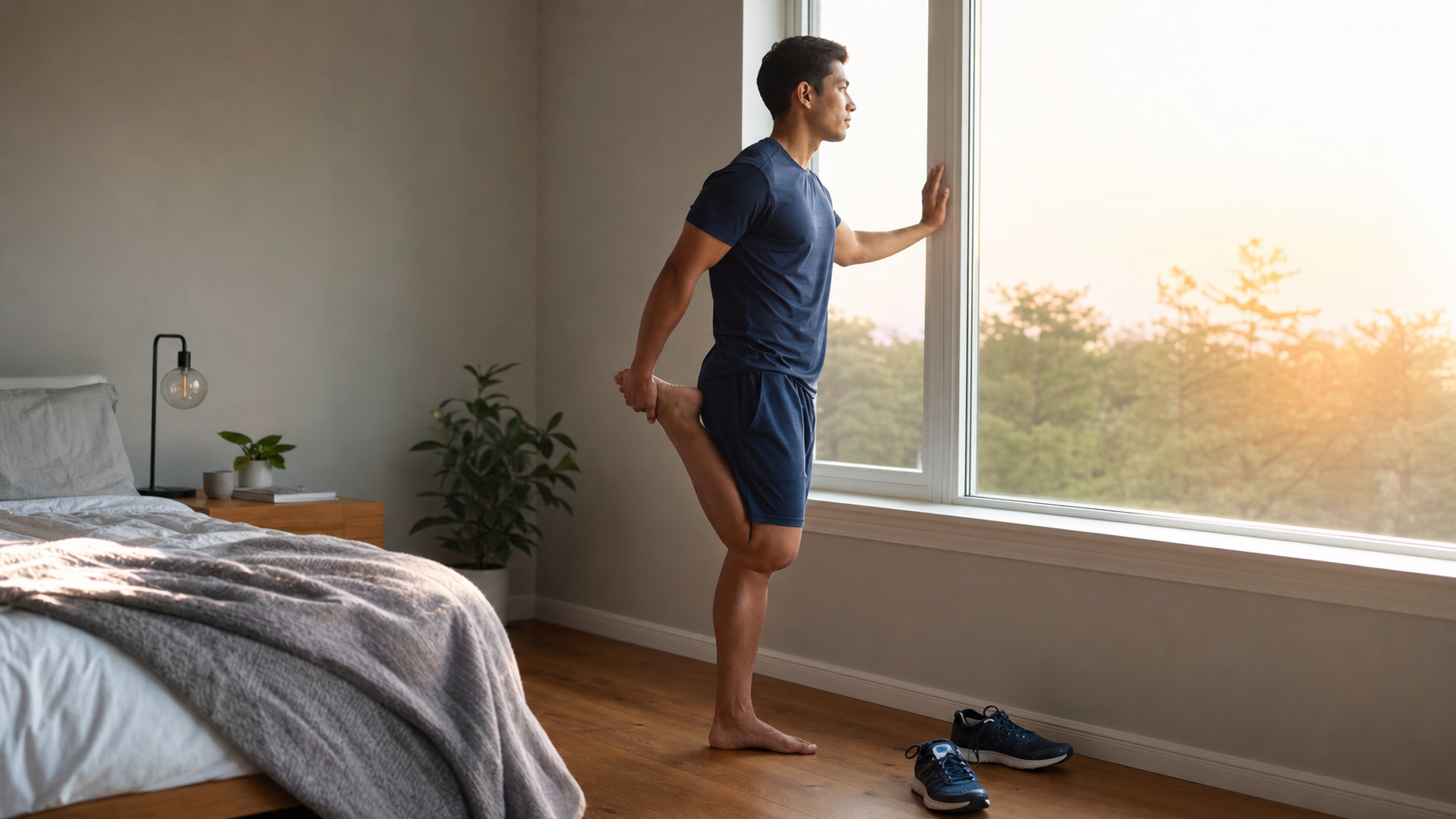 A runner doing gentle calf and ankle mobility beside a bright window in the morning.