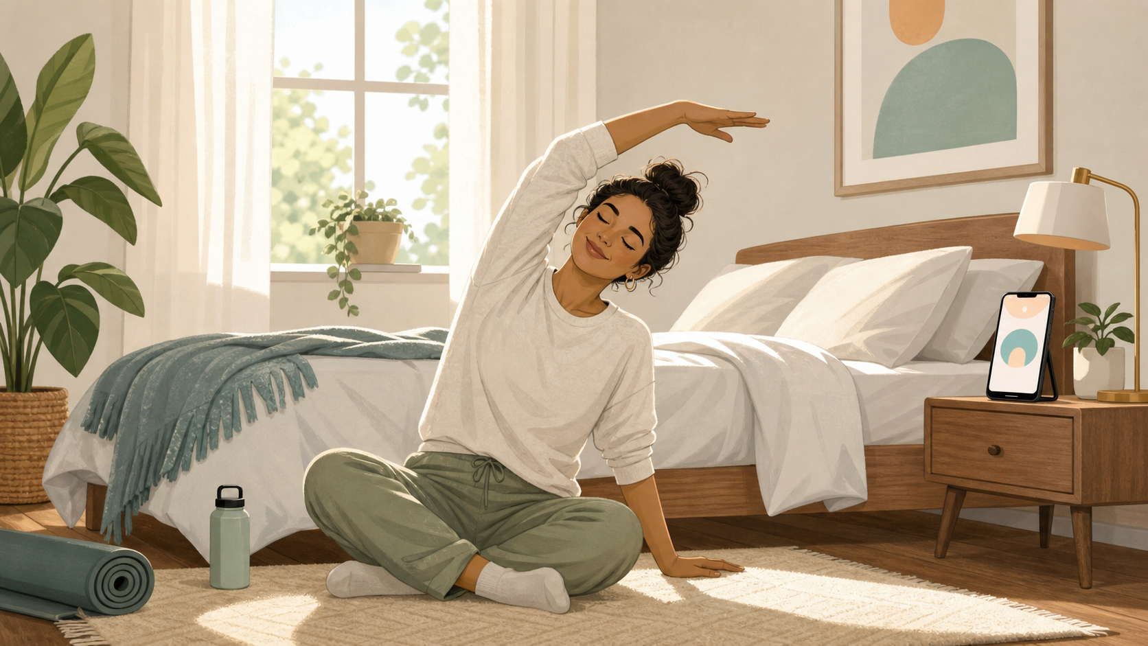 Wiggle morning stiffness stretch routine illustration with a gentle wake-up timer.