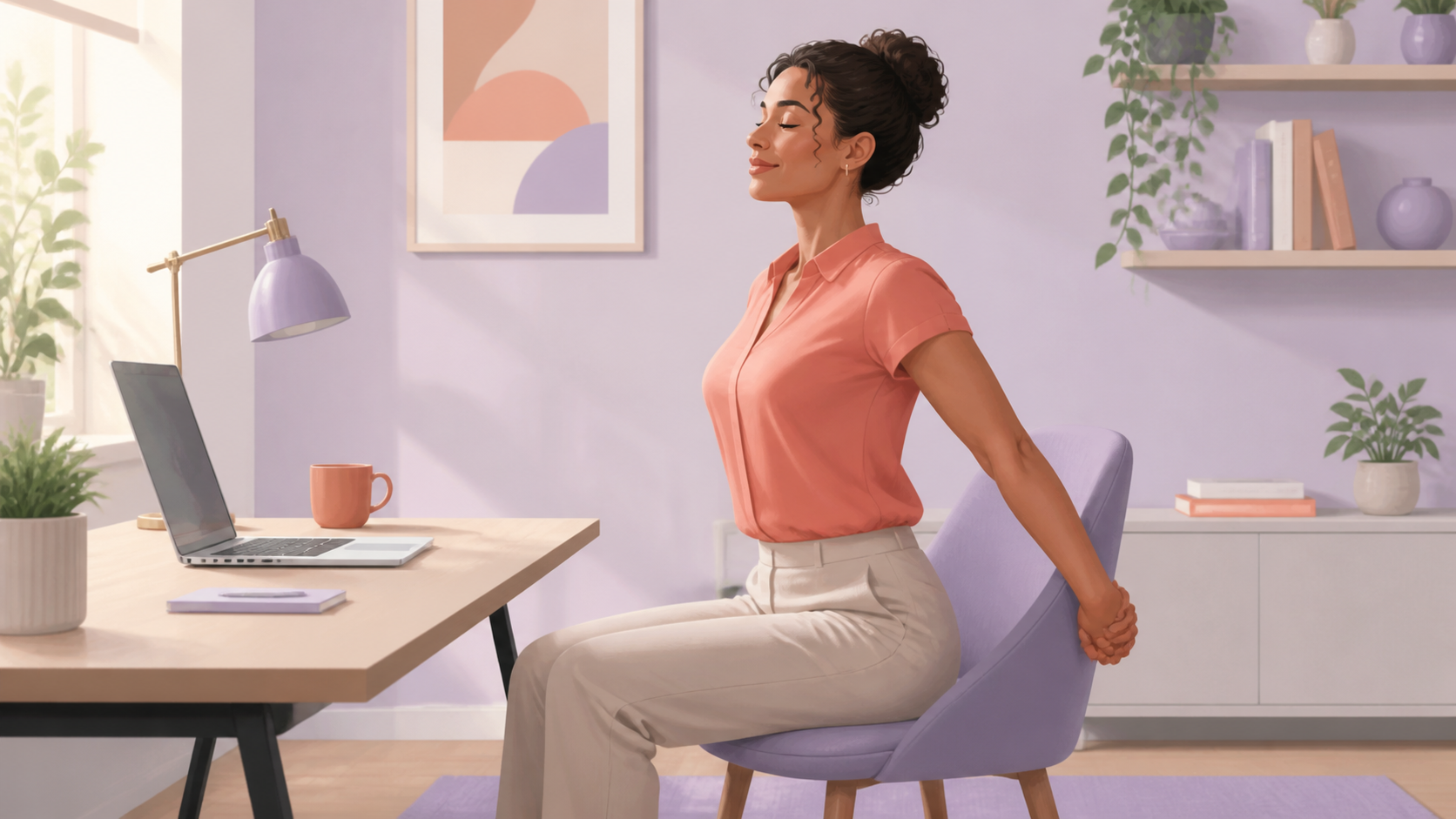 Office worker performing a gentle seated chest stretch beside a desk.