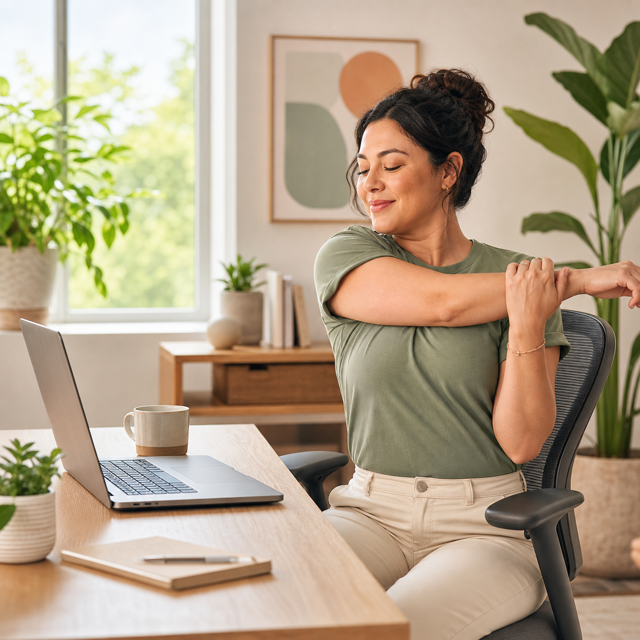 Illustration of a desk worker doing a gentle shoulder stretch beside a laptop.
