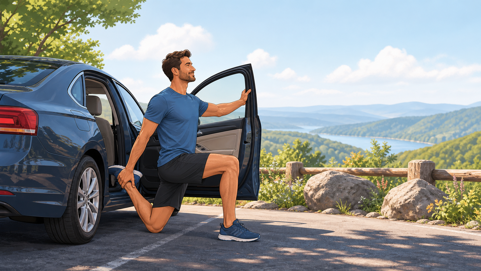 Person stretching beside a parked car after a long drive.