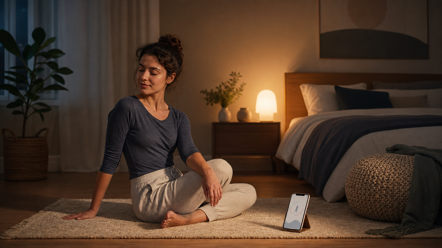 Person doing gentle stretches before sleep with a calm guided stretch timer nearby.