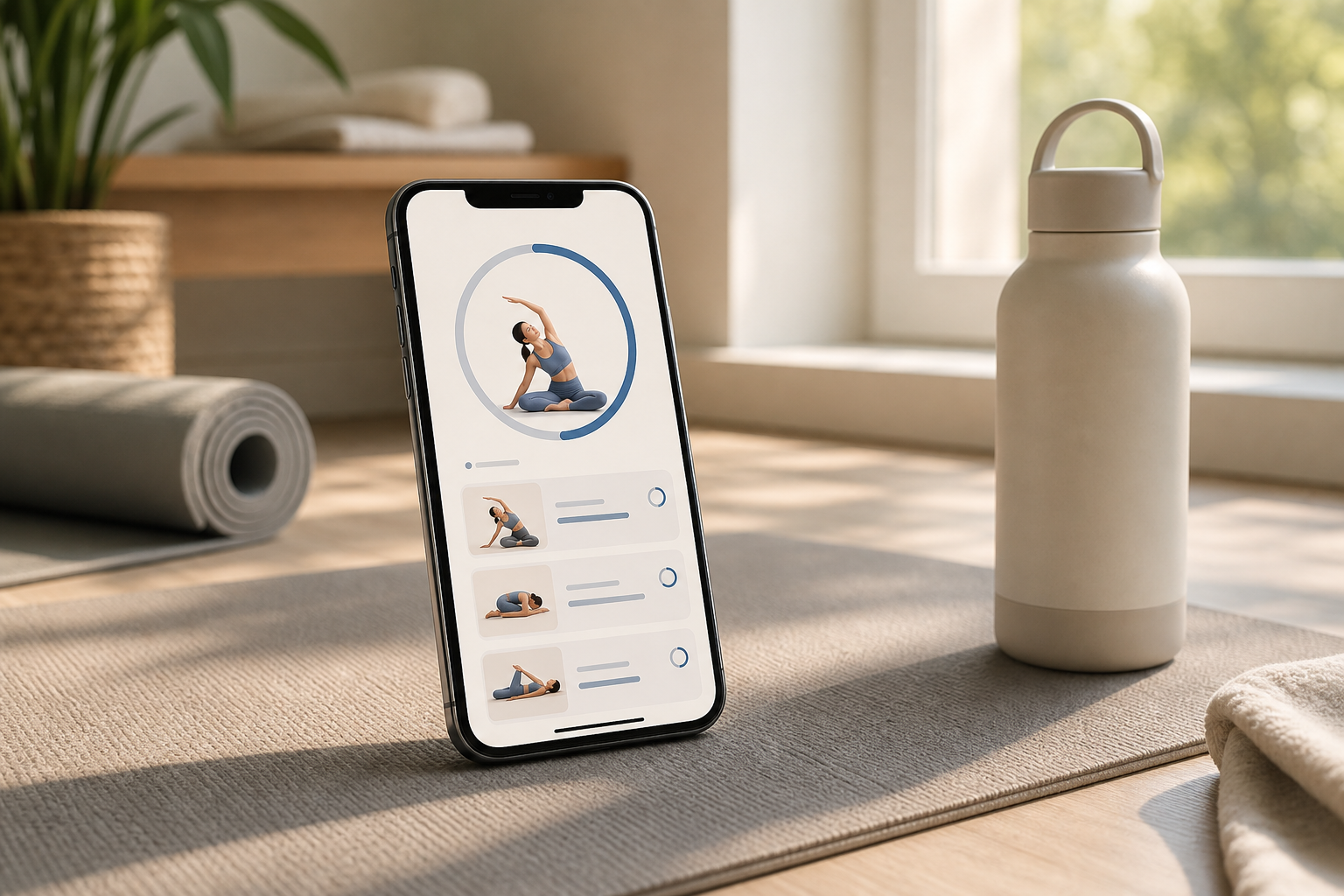 Phone showing a guided stretching timer beside a simple home exercise mat.