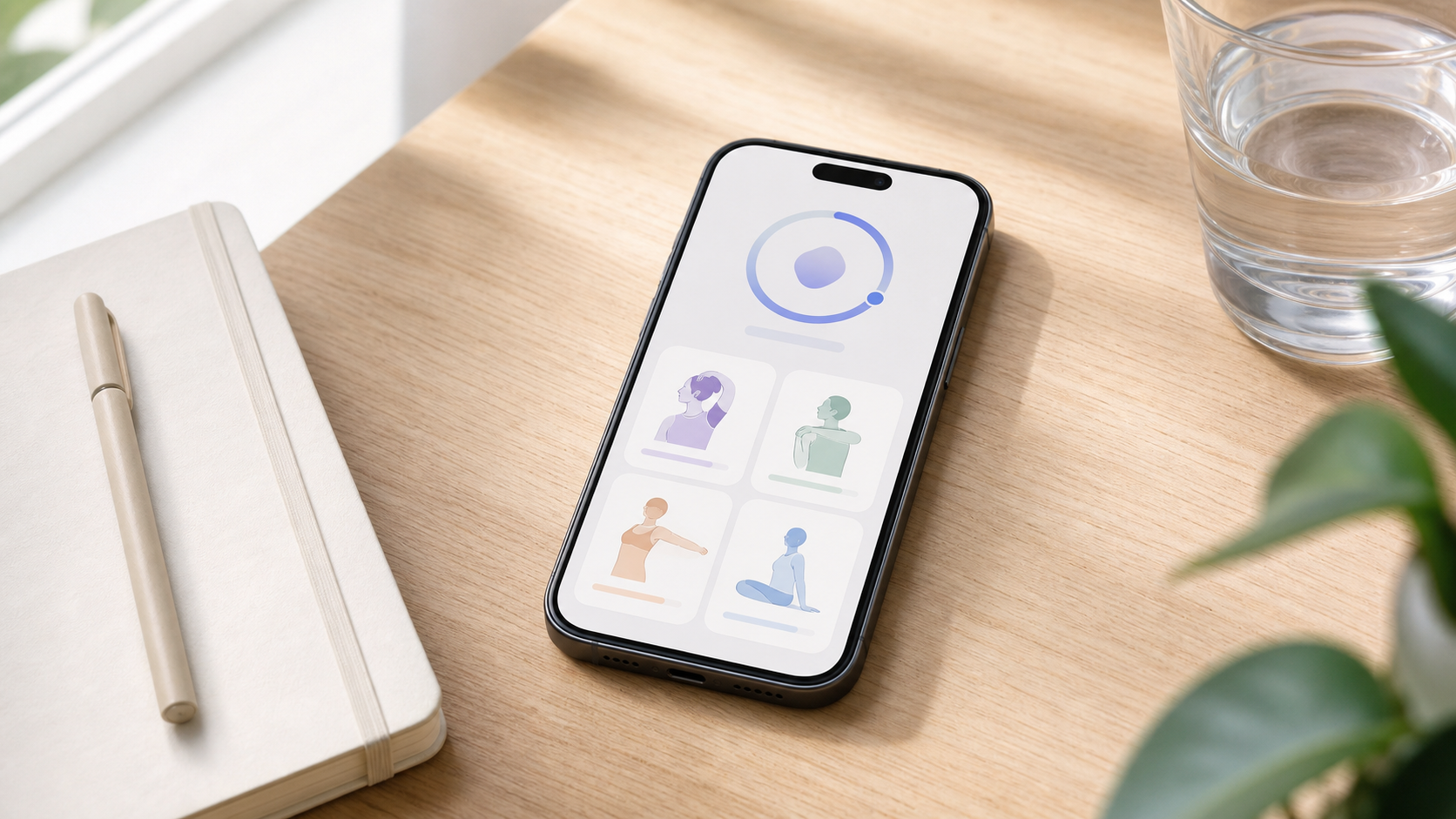 Phone showing a guided posture stretching routine on a clean desk.