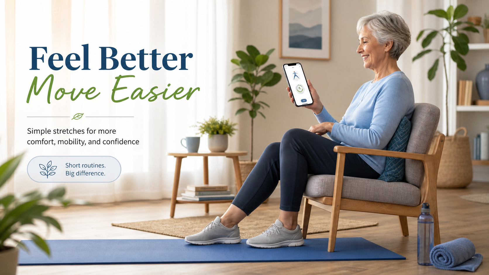 Older adult using a stretching app beside a stable chair and yoga mat.