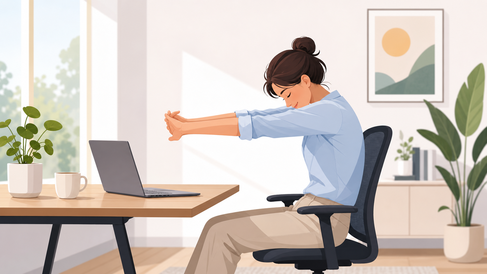 Illustration of a desk worker doing a gentle upper back stretch beside a laptop.