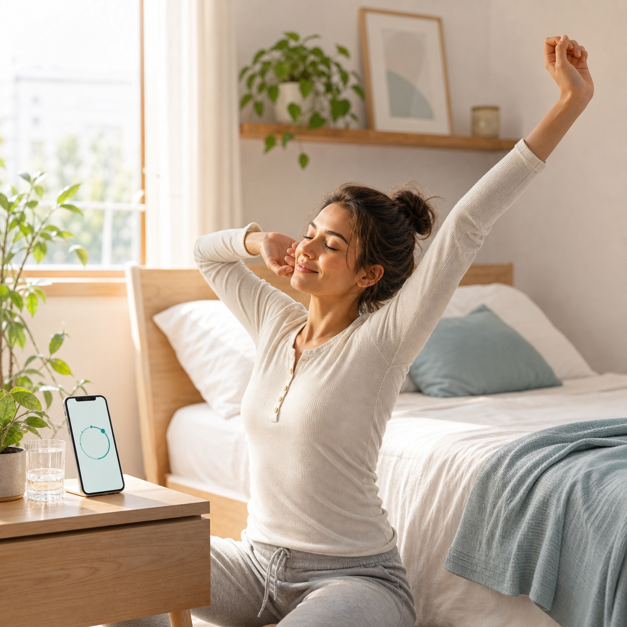 Person doing gentle wake up stretches in a calm bedroom with a guided stretch timer nearby.
