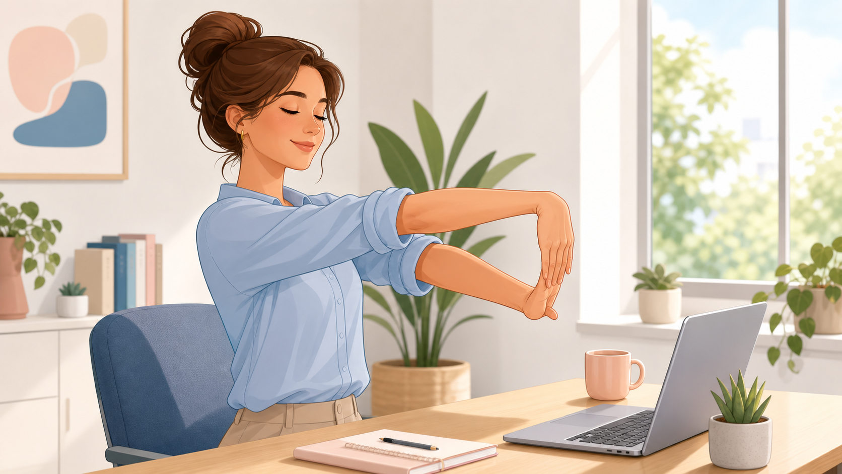 Illustration of a desk worker doing a gentle wrist stretch beside a laptop.